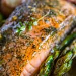 close up of easy salmon recipe with potatoes and asparagus