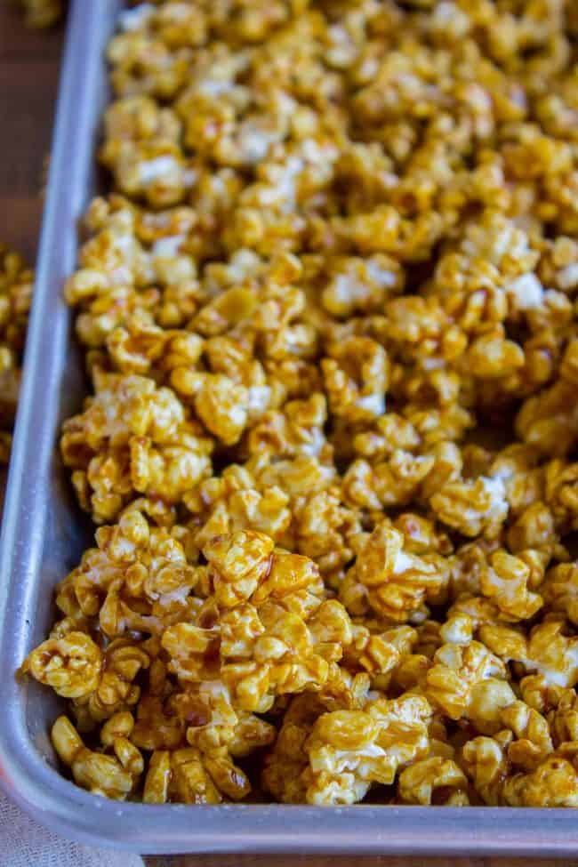 caramel corn in a metal pan.