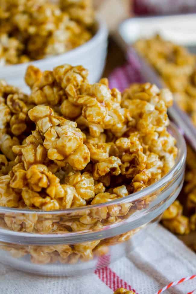 caramel corn in a glass bowl.