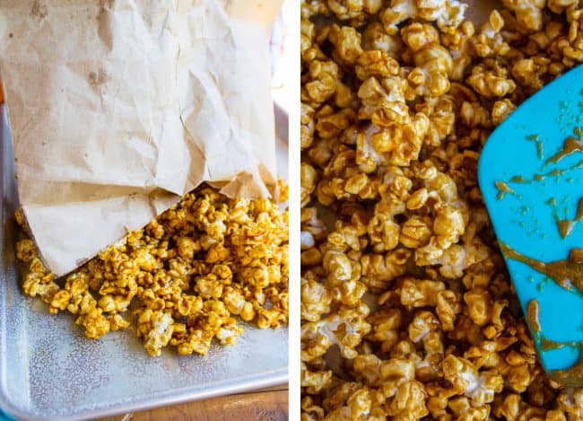 Spreading out freshly mixed caramel popcorn.