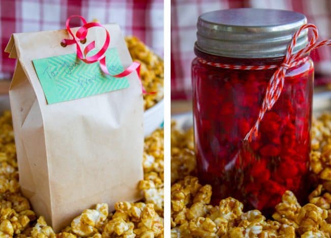 Gifting options for caramel corn in a paper bag and a mason jar.