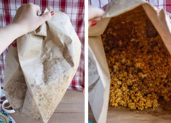 Paper bag with mixed caramel corn inside.