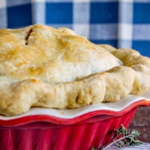 side shot of mile high savory beef pie