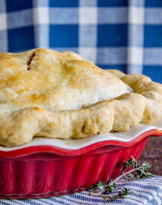 side shot of mile high savory beef pie