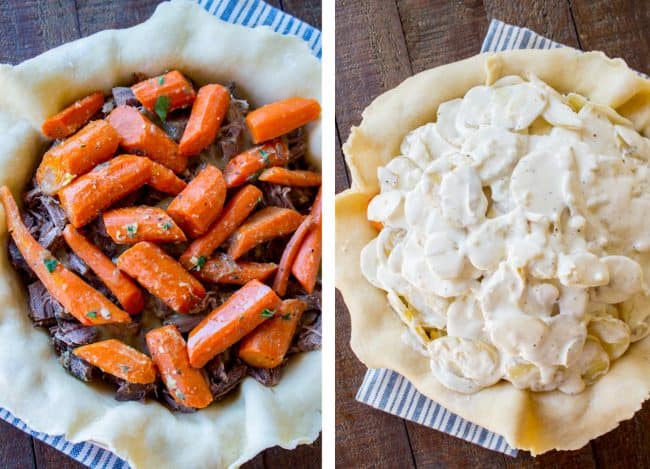 beef, carrots, and potatoes in a pie