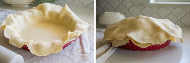 single pie crust in a pie pan and a top pie crust on top of a bottom crust and filling. 