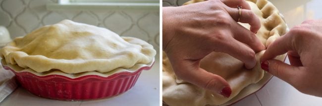 a pie crust before crimping and a process shot of how to crimp pie crust with your fingers.
