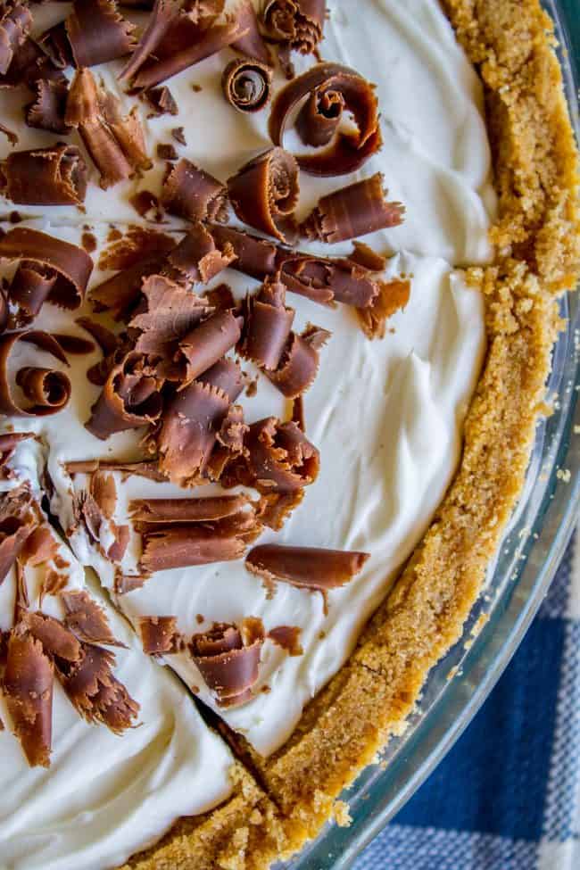 overhead shot of slice of chocolate cream pie