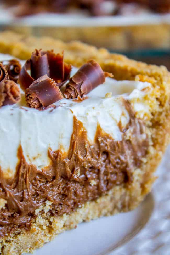 Sliced piece of French Silk Pie with Graham Cracker Crust