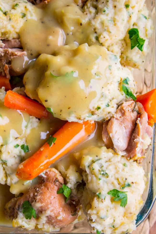 chicken, dumplings, carrots, and gravy.