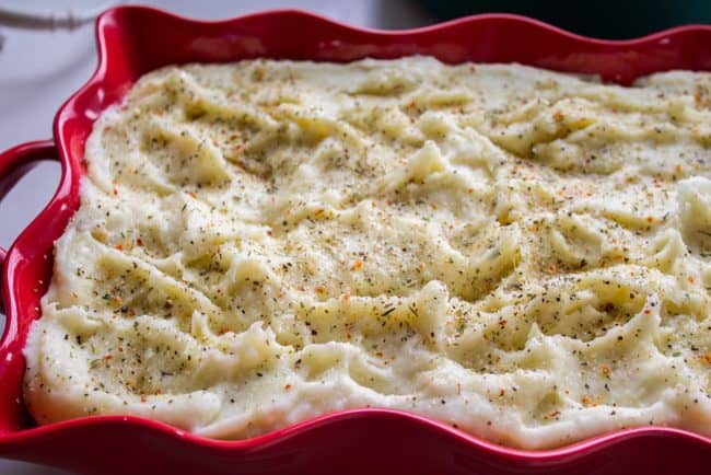 casserole dish of mashed potatoes