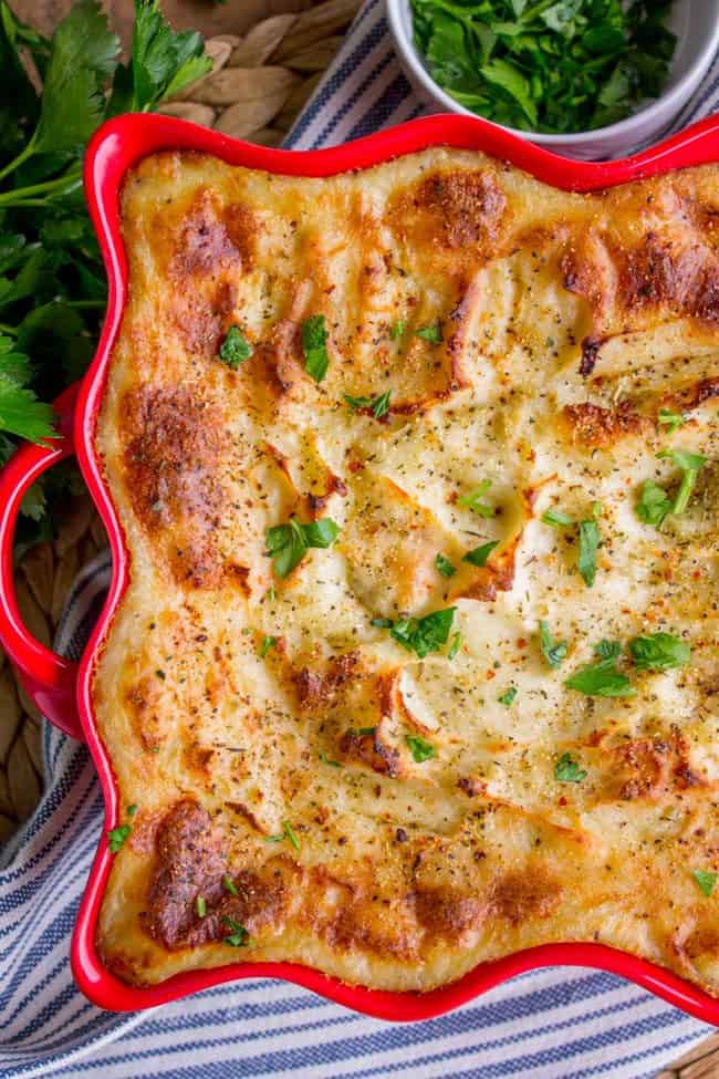 Creamy mashed potatoes baked til crispy