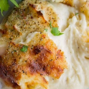 close up of cheesy, make-ahead mashed potatoes.