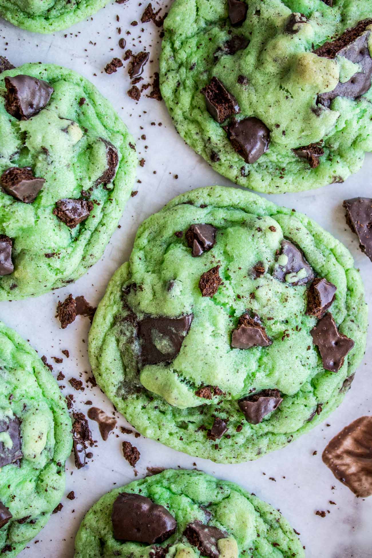 overhead shot of mint chocolate chip cookies with thin mints