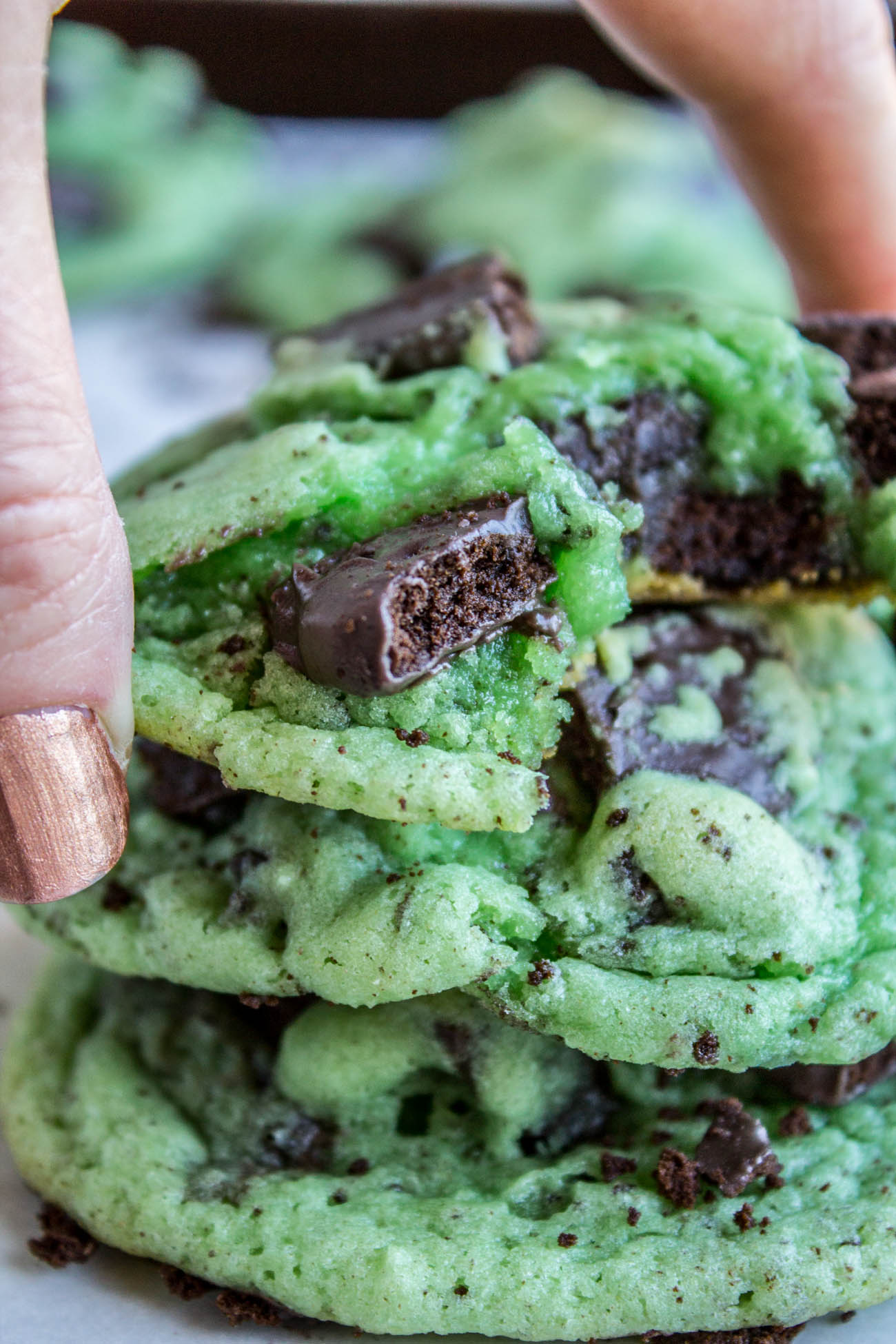 stack of green mint cookies stuffed with thin mints