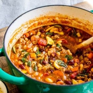 minestrone soup with sausage in a pot