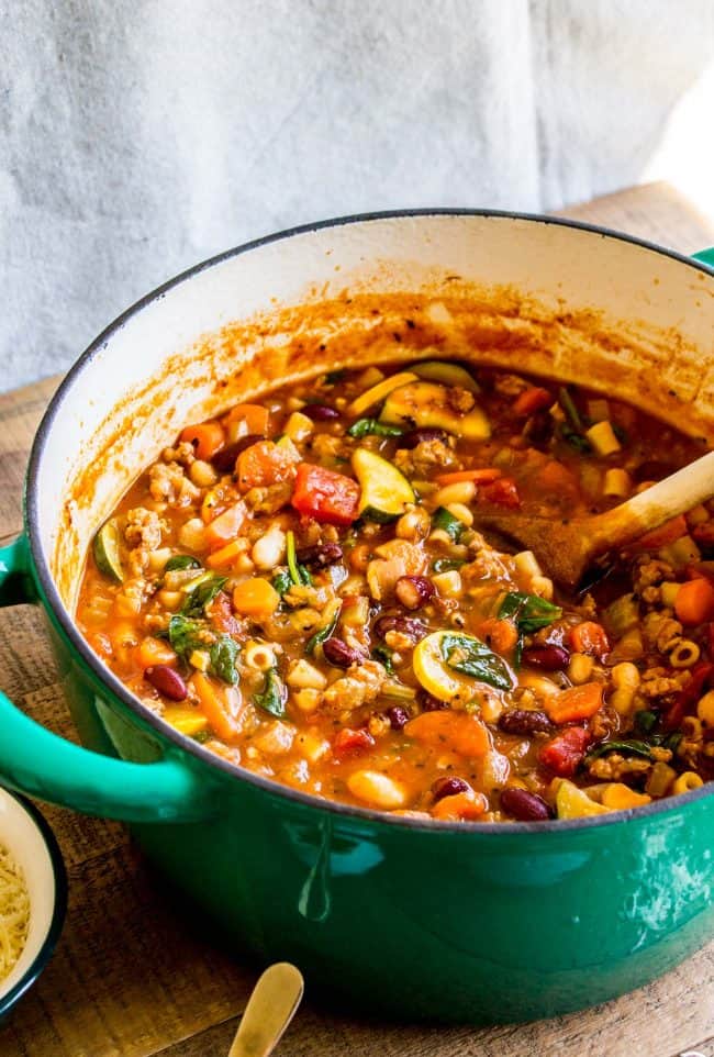 minestrone soup with sausage in a pot