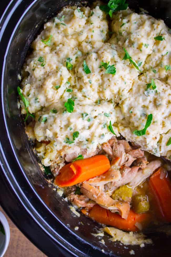 chicken and dumplings cooking in the crockpot.