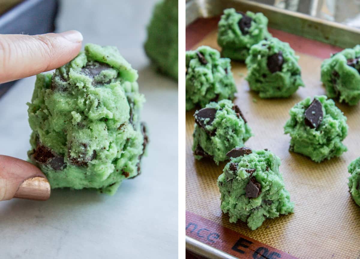 green cookie dough ball lined up on pan