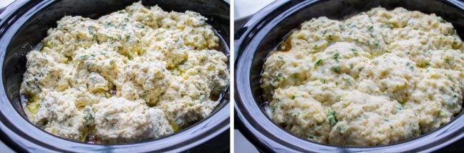 uncooked dumplings in the crockpot, cooked dumplings in the crockpot. 