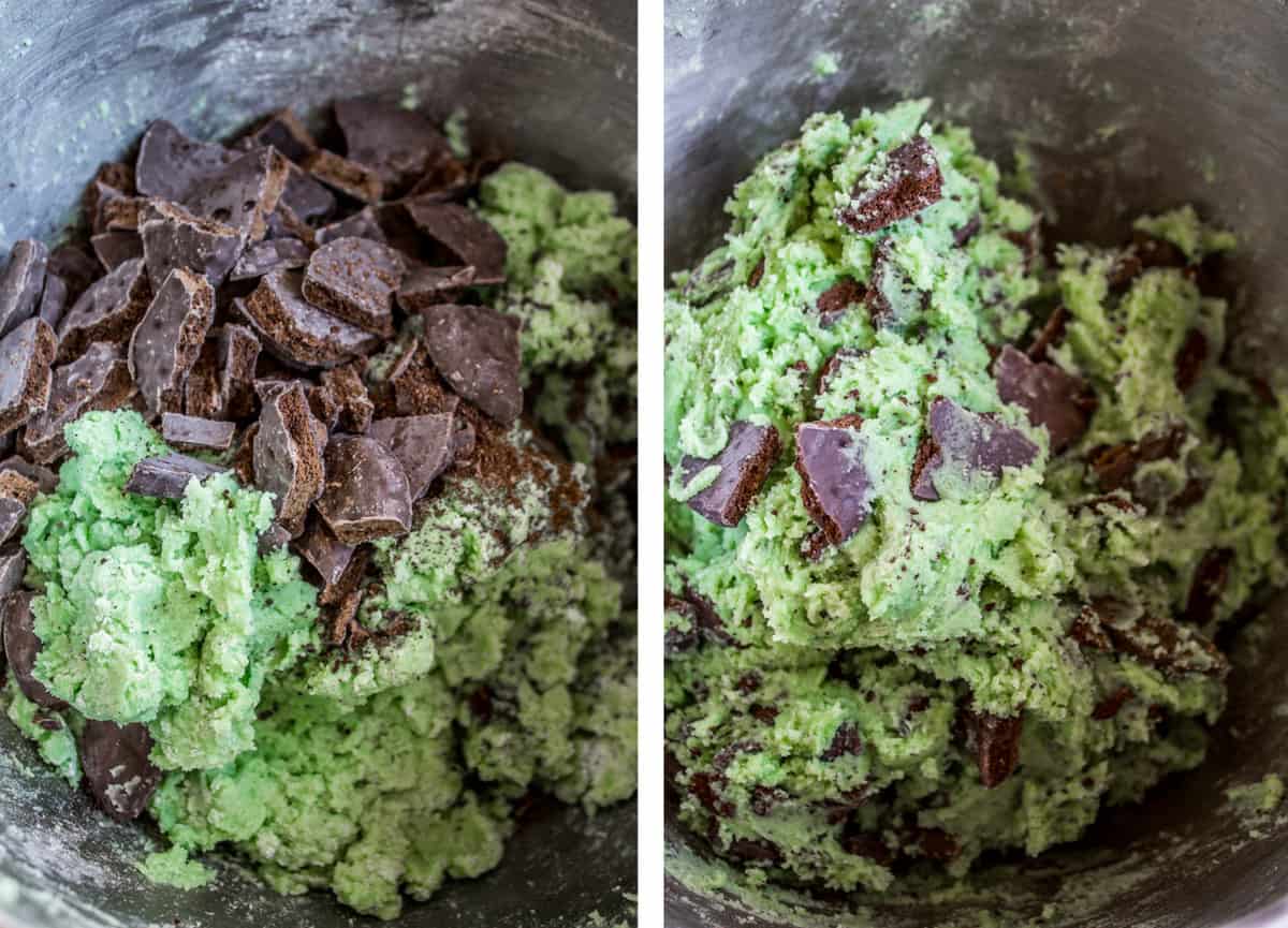 green mint cookie dough with thin mints mixed in