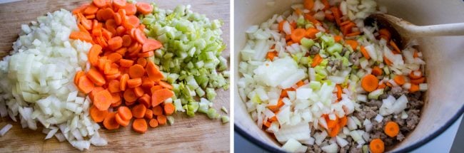 carrots, celery, and onions chopped on a wooden cutting board and then stirred in a pot.