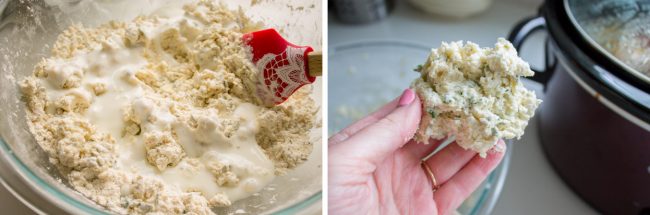 stirring dumpling dough, shaping a dumpling.