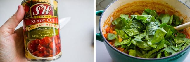 can of tomatoes and a pot of soup with spinach