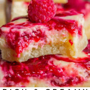 Close-up of raspberry cheesecake bars with a golden crust, creamy cheesecake layer, and vibrant raspberry swirl, topped with fresh raspberries. The text below reads, “Rich & Creamy Raspberry Cheesecake Bars.” Perfect for dessert lovers.