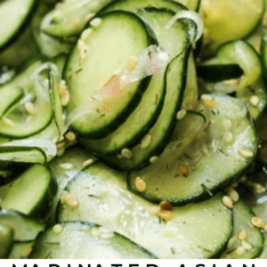 Close-up of thinly sliced cucumber salad blended with onions and a sprinkle of sesame seeds, labeled “Marinated Asian Cucumber Salad” at the bottom for a refreshing crunch.