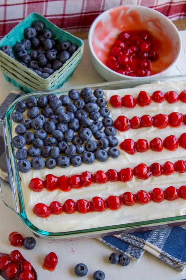flag cake with blueberries and cherries