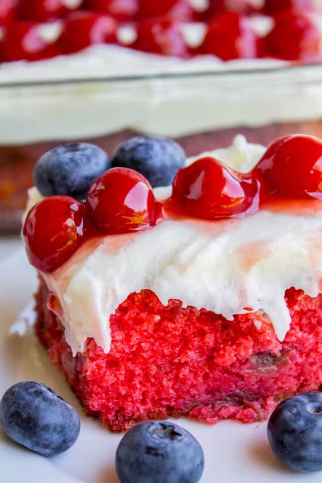 slice of American flag cake with cherries and blueberries
