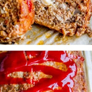 Sliced stuffed meatloaf topped with ketchup reveals a creamy cheese filling inside. The juicy meatloaf sits on parchment paper, showcasing its glossy glaze and mouthwatering texture.