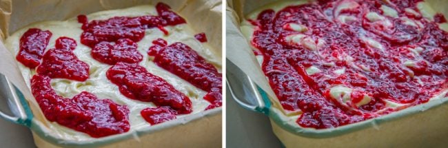 swirling raspberry topping onto cheesecake bars. 