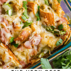 a glass pan of savory breakfast bread pudding.