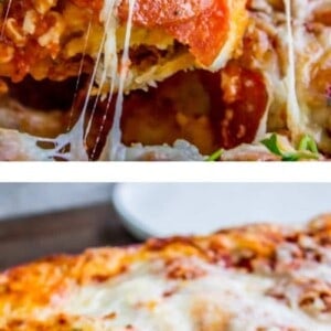 A close-up of a cheesy, pepperoni-topped Pizza Casserole being served from a glass baking dish, with melted cheese stretching and the whole casserole below crowned in golden, bubbly cheese.