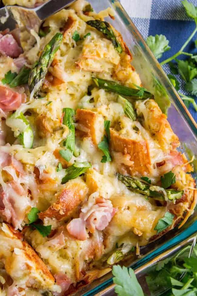 savory bread pudding with ham and asparagus