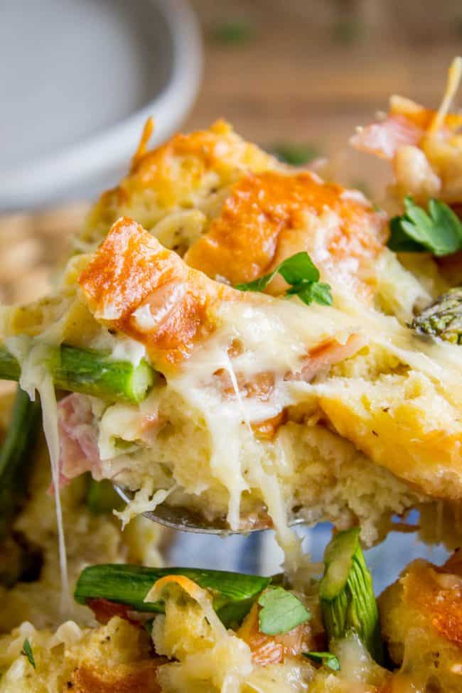 cheesy breakfast casserole with ham and asparagus.