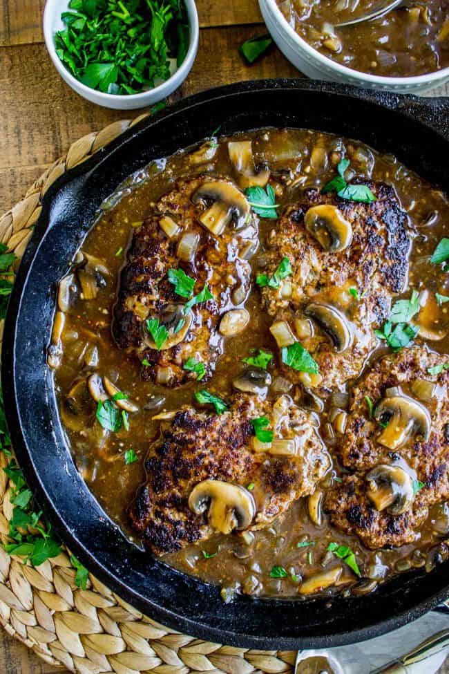 salisbury steak recipe with mushroom gravy sauce in a cast iron skillet.