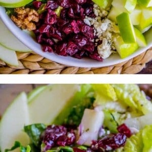 An Apple Gorgonzola Salad featuring green apple slices, candied walnuts, dried cranberries, chopped red onion, crumbled blue cheese, and romaine lettuce, beautifully displayed as a whole and in close-up.