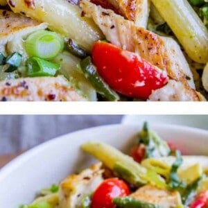 Close-up images of creamy Chicken Penne Pesto with grilled chicken strips, cherry tomatoes, green beans, and sliced green onions, served in a white dish.