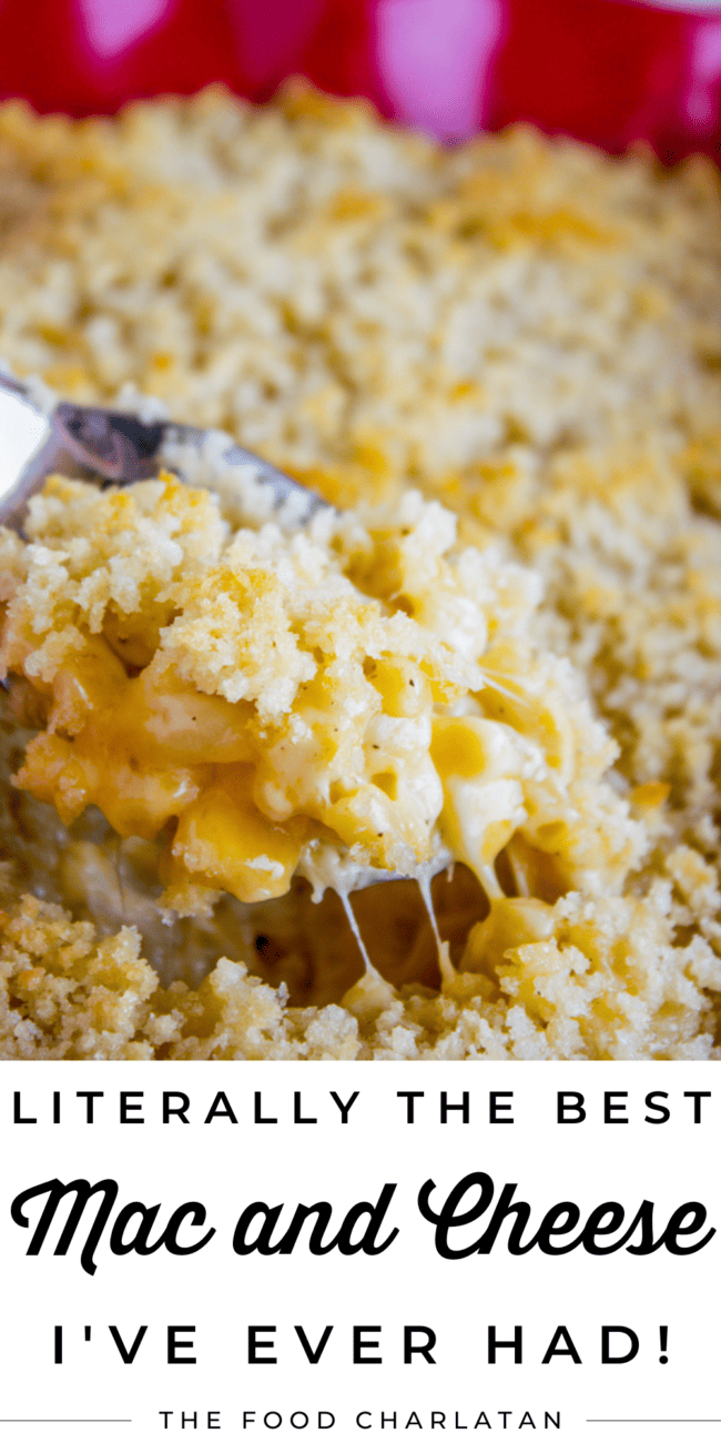creamy baked mac and cheese with bread crumbs.