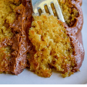 A close-up of a slice of yellow cake with chocolate frosting on a white plate. A fork lifts a bite of the moist, fluffy cake. Text below reads: “The Very Best Yellow Cake of Your Life – The Food Charlatan.”.