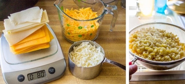 measuring out cheese and cooked macaroni.