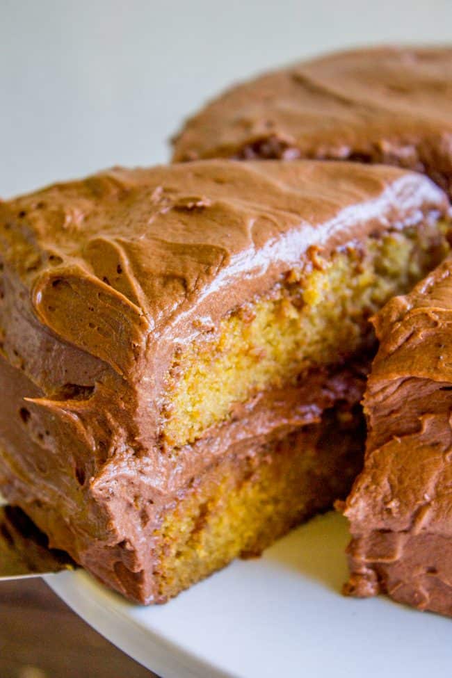 brown sugar yellow cake with chocolate frosting. 