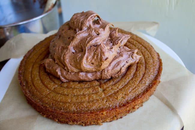 brown sugar cake with chocolate frosting
