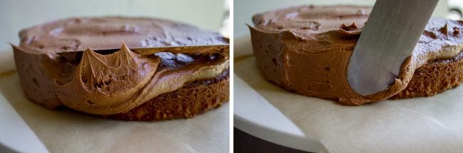 how to spread chocolate frosting on a cake.