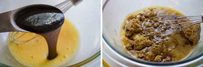 adding vanilla bean paste to eggs, then adding brown sugar.