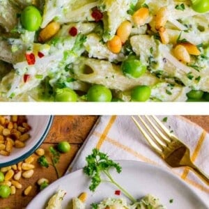 A collage of food on a plate featuring vibrant lemon pasta.
