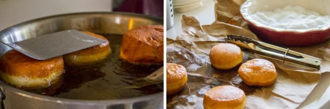 pressing donut into oil with spatula, donuts cooling on paper bag.